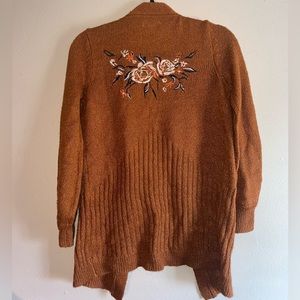 Rustic Brown Cardigan with pink and blue flower embroidery